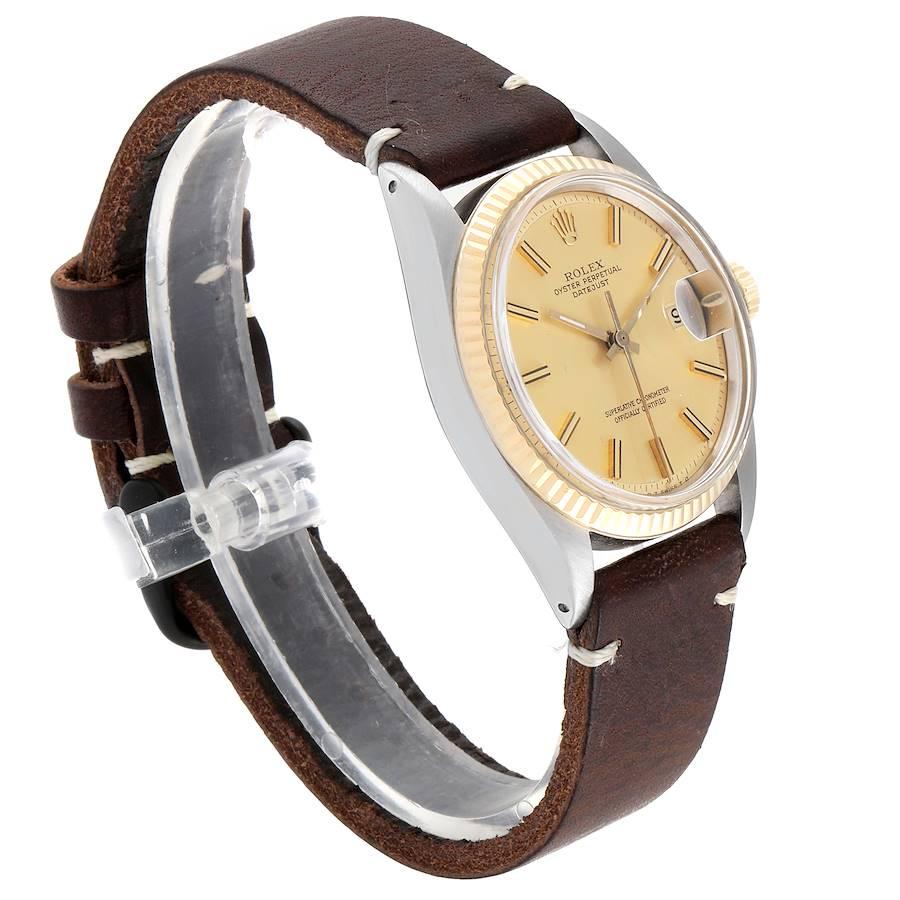 Rolex Datejust Steel Yellow Gold Brown Strap Vintage Men's Watch 1601 In Good Condition For Sale In Atlanta, GA