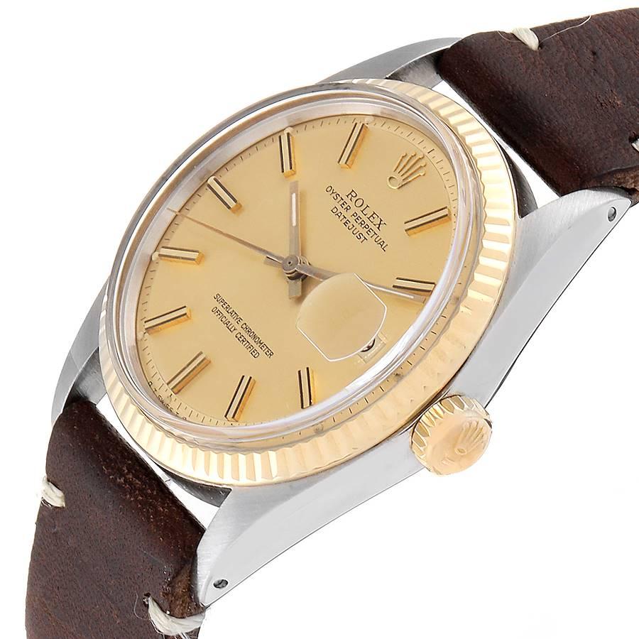 Rolex Datejust Steel Yellow Gold Brown Strap Vintage Men's Watch 1601 For Sale 2