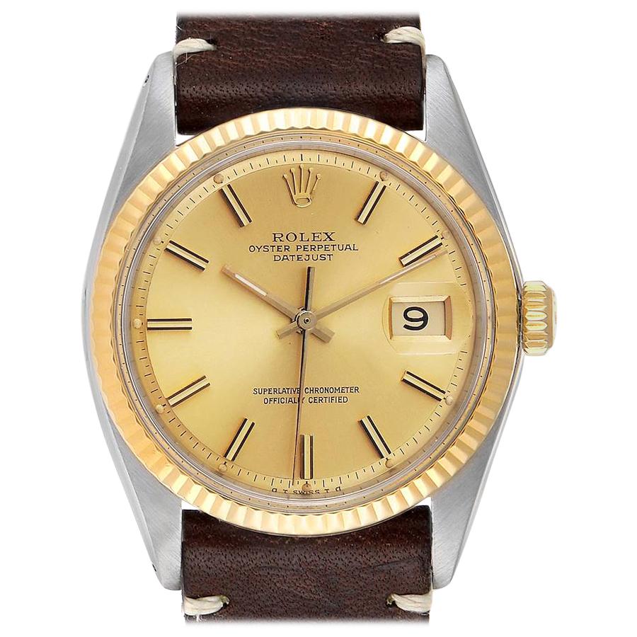 Rolex Datejust Steel Yellow Gold Brown Strap Vintage Men's Watch 1601 For Sale