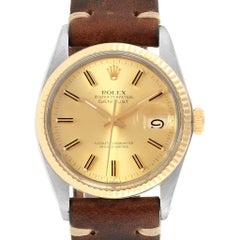 Rolex Datejust Steel Yellow Gold Brown Strap Vintage Men's Watch 16013