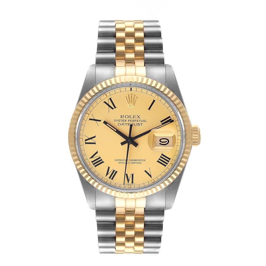 Rolex Datejust Steel Yellow Gold Buckley Dial Vintage Mens Watch 16013. Officially certified chronometer self-winding movement. Stainless steel oyster case 36.0 mm in diameter. Rolex logo on a crown. 18k yellow gold fluted bezel. Acrylic crystal