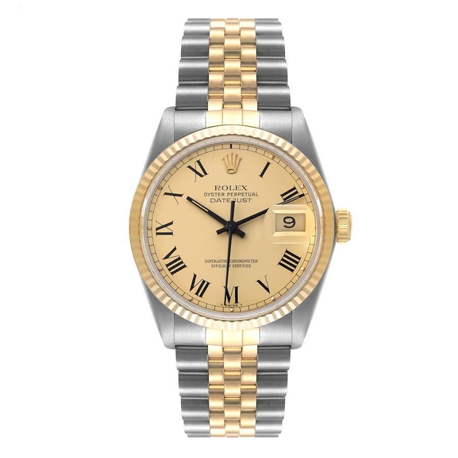 Rolex Datejust Steel Yellow Gold Buckley Dial Vintage Mens Watch 16013. Officially certified chronometer self-winding movement. Stainless steel oyster case 36.0 mm in diameter. Rolex logo on a crown. 18k yellow gold fluted bezel. Acrylic crystal