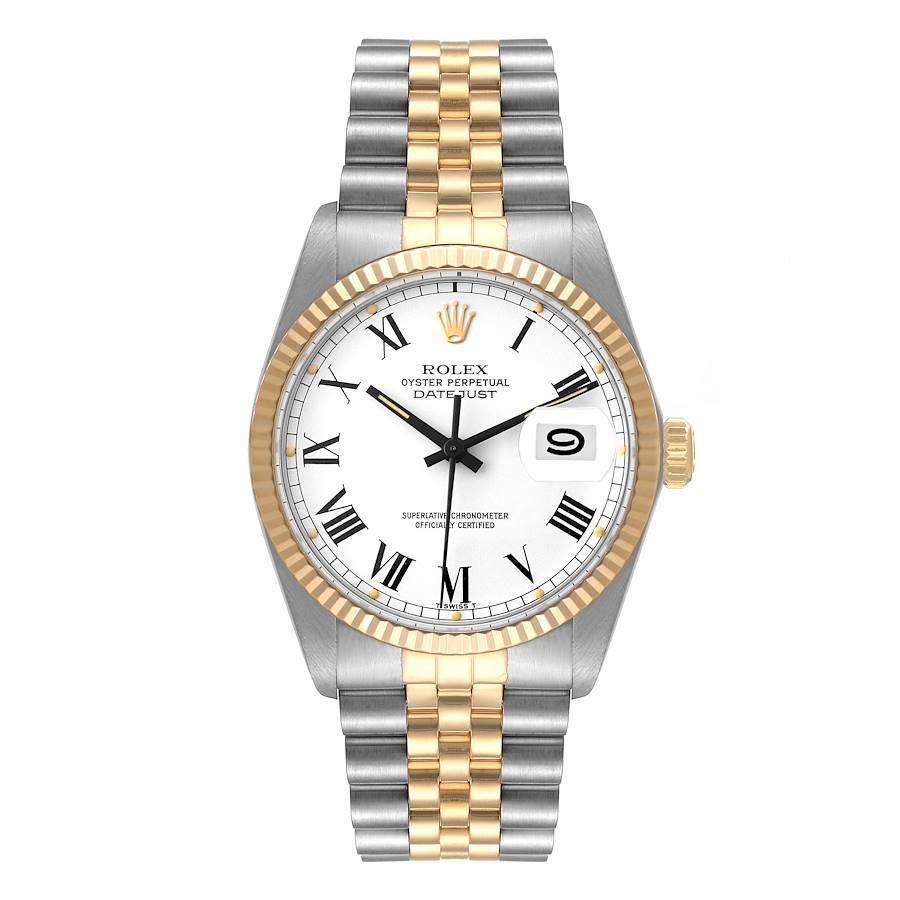 Rolex Datejust Steel Yellow Gold Buckley Dial Vintage Watch 16013. Officially certified chronometer self-winding movement. Stainless steel oyster case 36.0 mm in diameter. Rolex logo on a crown. 18k yellow gold fluted bezel. Acrylic crystal with