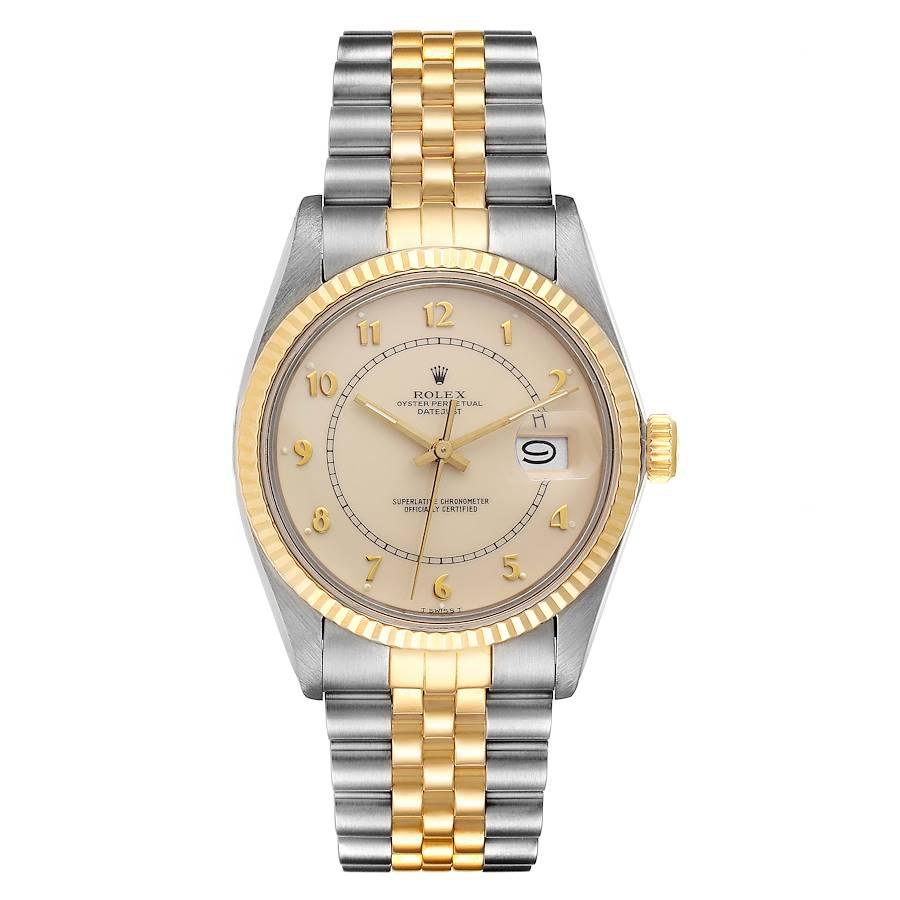 Rolex Datejust Steel Yellow Gold Bullseye Dial Vintage Watch 16013 Box Papers. Officially certified chronometer self-winding movement. Stainless steel and 18K yellow gold oyster case 36.0 mm in diameter. Rolex logo on a crown. 18k yellow gold fluted