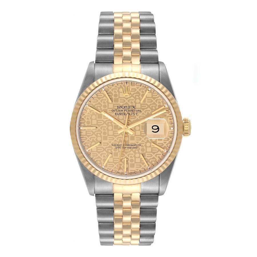 Rolex Datejust Steel Yellow Gold Champagne Anniversary Dial Mens Watch 16233. Officially certified chronometer automatic self-winding movement. Stainless steel case 36 mm in diameter.  Rolex logo on an 18K yellow gold crown. 18k yellow gold fluted