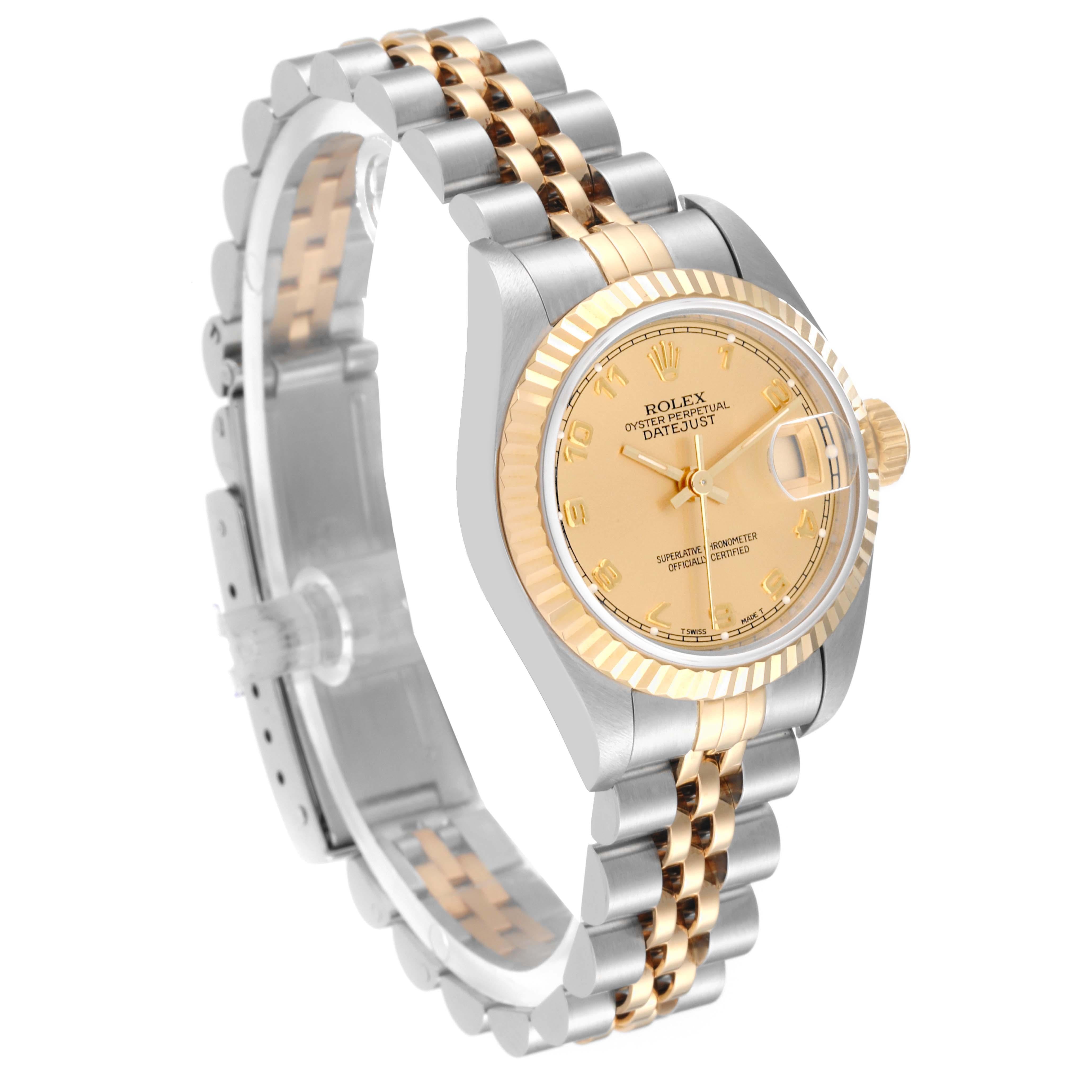 Rolex Datejust Steel Yellow Gold Champagne Arabic Dial Ladies Watch 69173 In Excellent Condition For Sale In Atlanta, GA