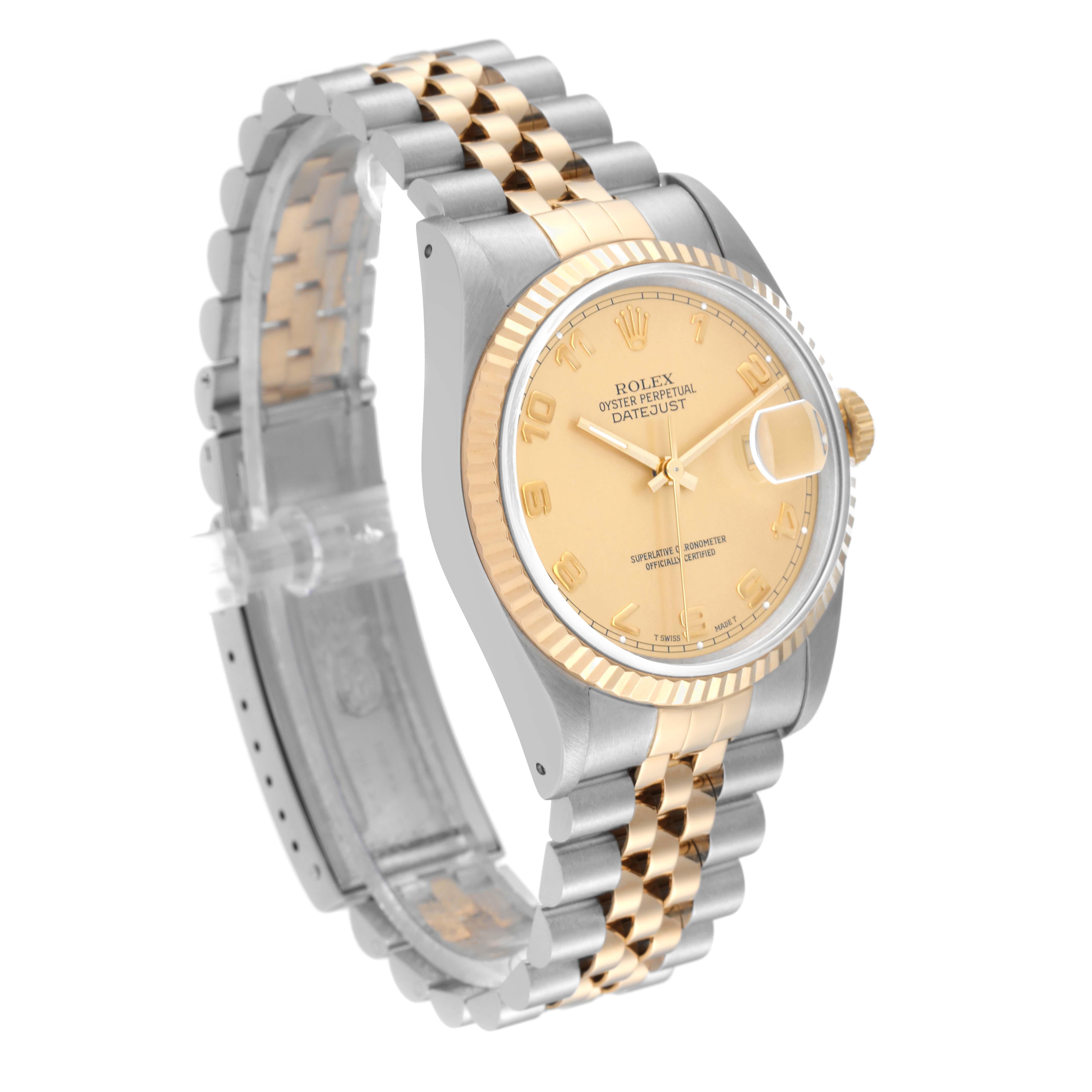 Rolex Datejust Steel Yellow Gold Champagne Arabic Dial Watch 16233 Box Papers In Good Condition For Sale In Atlanta, GA