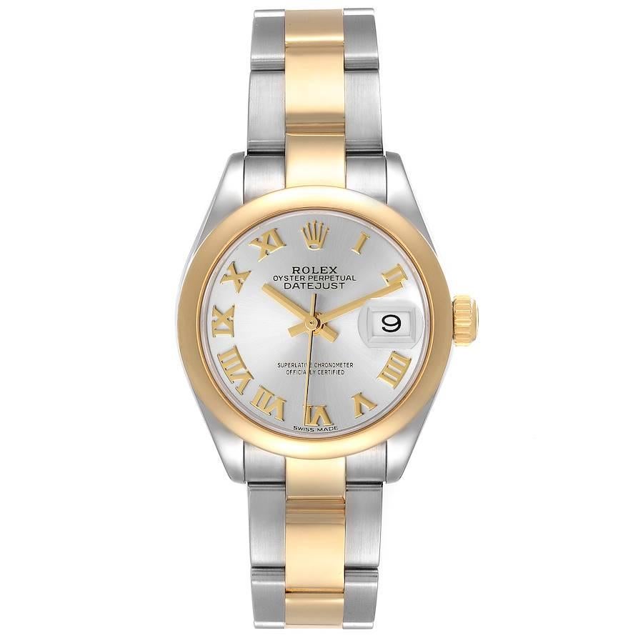 Rolex Datejust Steel Yellow Gold Champagne Dial Ladies Watch 279163. Officially certified chronometer self-winding movement. Stainless steel oyster case 28 mm in diameter. Rolex logo on a 18k yellow gold crown. 18k yellow gold smooth domed bezel.