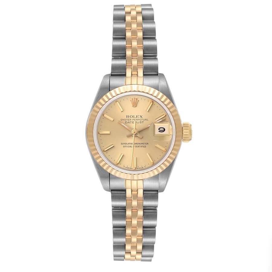 Rolex Datejust Steel Yellow Gold Champagne Dial Ladies Watch 69173 Papers. Officially certified chronometer automatic self-winding movement. Stainless steel oyster case 26.0 mm in diameter. Rolex logo on the crown. 18k yellow gold fluted bezel.