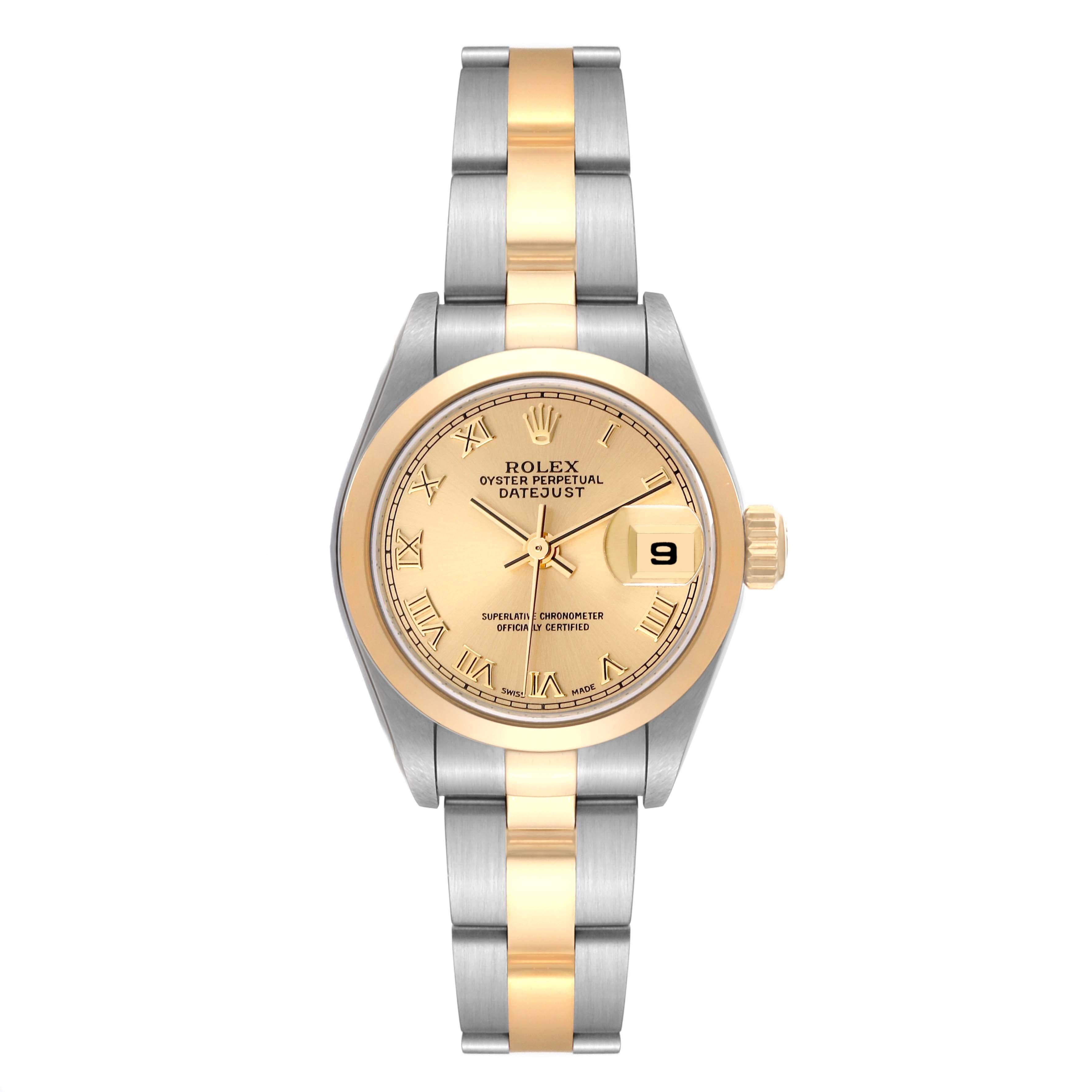 Rolex Datejust Steel Yellow Gold Champagne Dial Ladies Watch 79163 Papers. Officially certified chronometer automatic self-winding movement. Stainless steel oyster case 26 mm in diameter. Rolex logo on 18k yellow gold crown. 18k yellow gold smooth