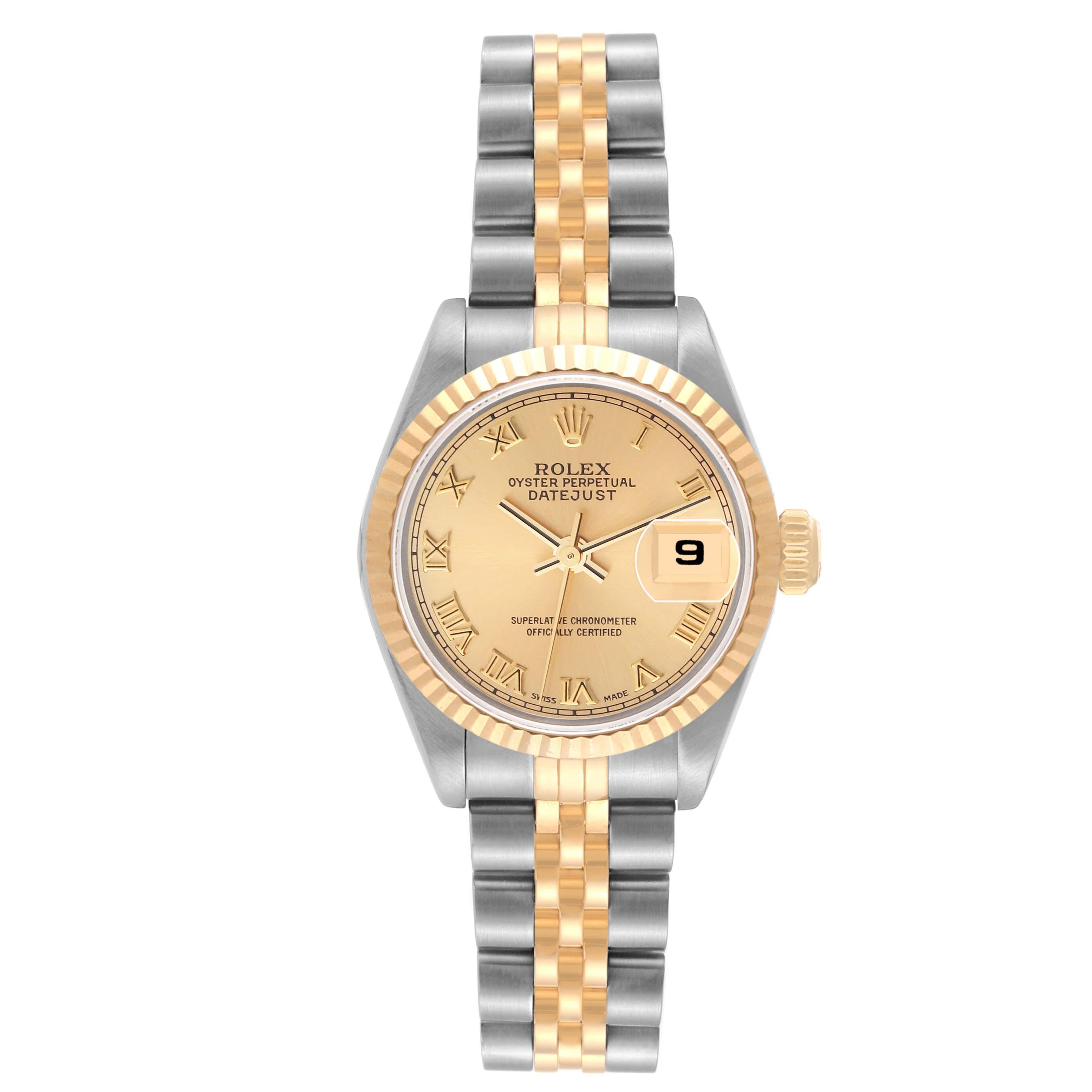 Rolex Datejust Steel Yellow Gold Champagne Dial Ladies Watch 79173. Officially certified chronometer automatic self-winding movement. Stainless steel oyster case 26.0 mm in diameter. Rolex logo on an 18K yellow gold crown. 18k yellow gold fluted