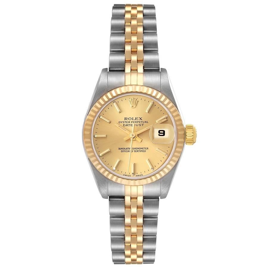 Rolex Datejust Steel Yellow Gold Champagne Dial Ladies Watch 79173 Papers. Officially certified chronometer automatic self-winding movement. Stainless steel oyster case 26 mm in diameter. Rolex logo on an 18K yellow gold crown. 18k yellow gold