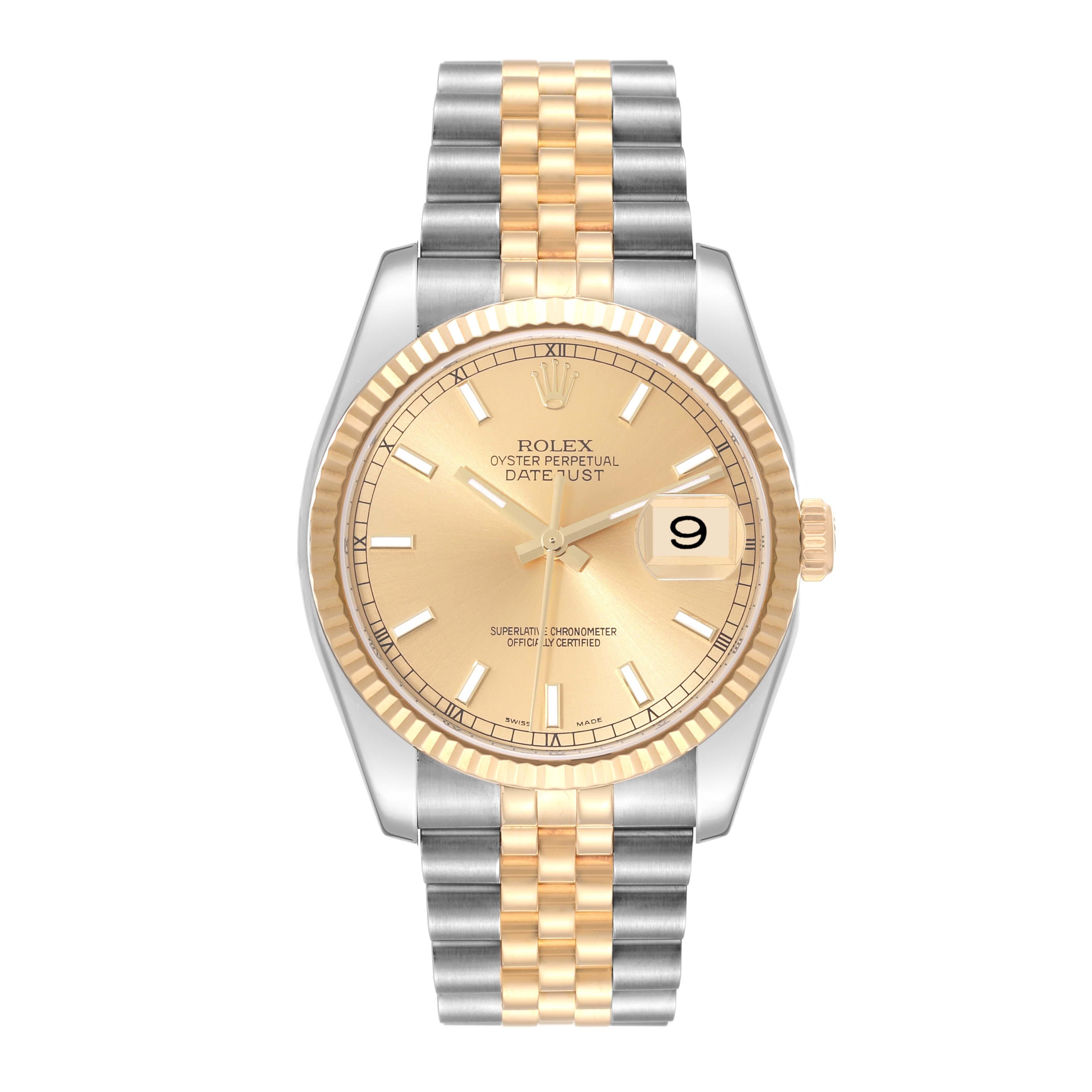 Rolex Datejust Steel Yellow Gold Champagne Dial Mens Watch 116233 Box Papers. Officially certified chronometer automatic self-winding movement. Stainless steel case 36 mm in diameter. Rolex logo on an 18k yellow gold crown. 18k yellow gold fluted