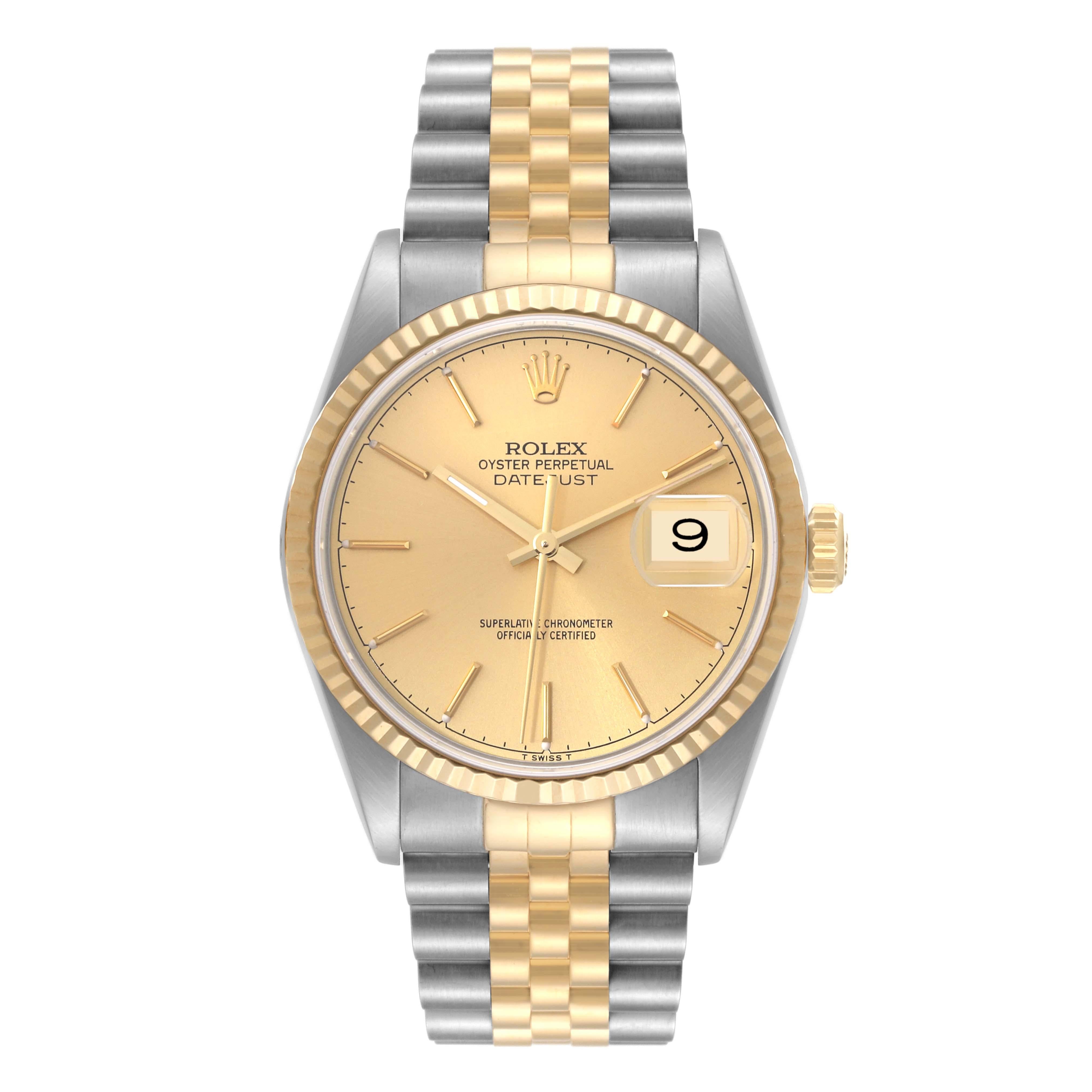 Rolex Datejust Steel Yellow Gold Champagne Dial Mens Watch 16233. Officially certified chronometer automatic self-winding movement. Stainless steel case 36 mm in diameter.  Rolex logo on an 18K yellow gold crown. 18k yellow gold fluted bezel.