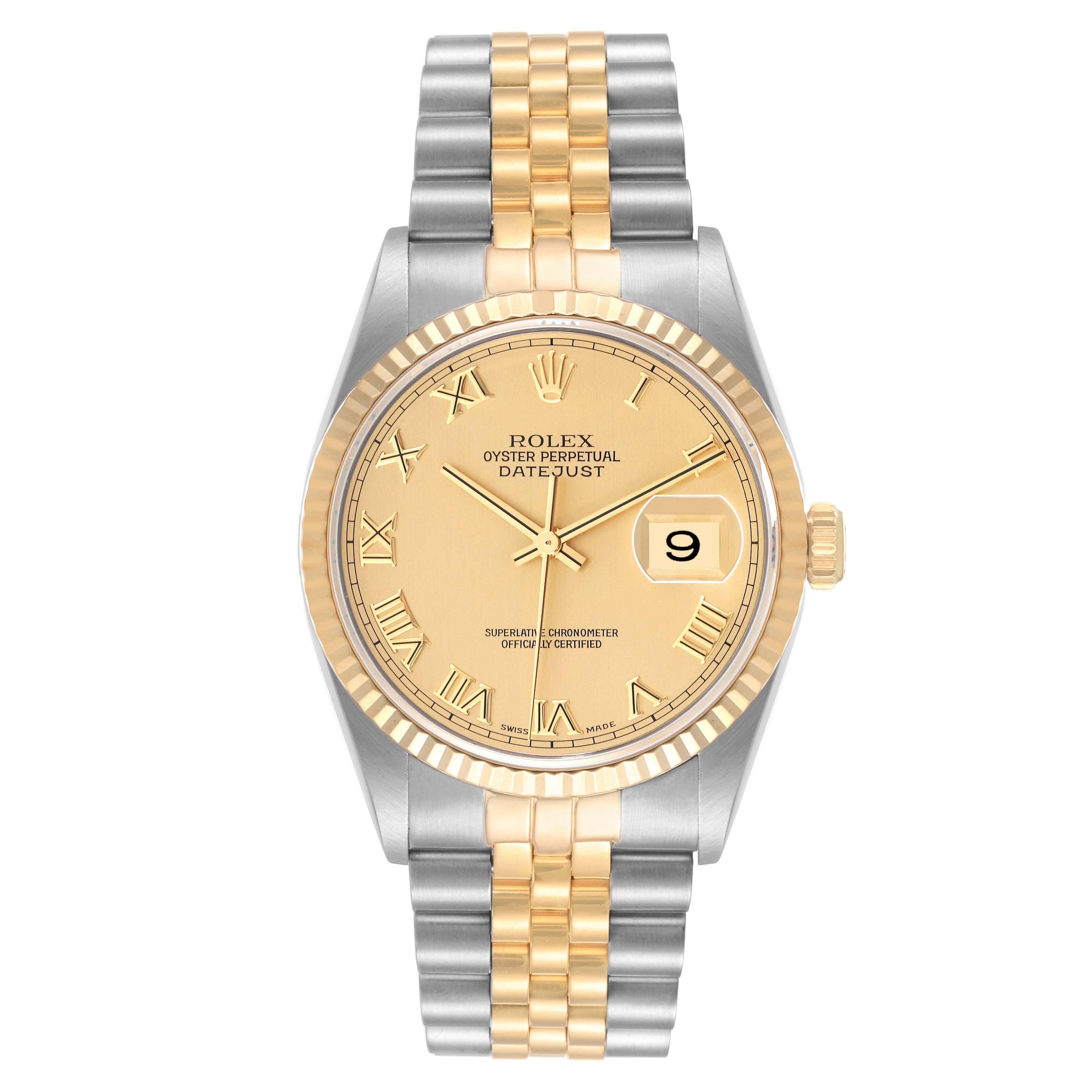 Rolex Datejust Steel Yellow Gold Champagne Dial Mens Watch 16233. Officially certified chronometer automatic self-winding movement. Stainless steel case 36.0 mm in diameter. Rolex logo on a crown. 18k yellow gold fluted bezel. Scratch resistant