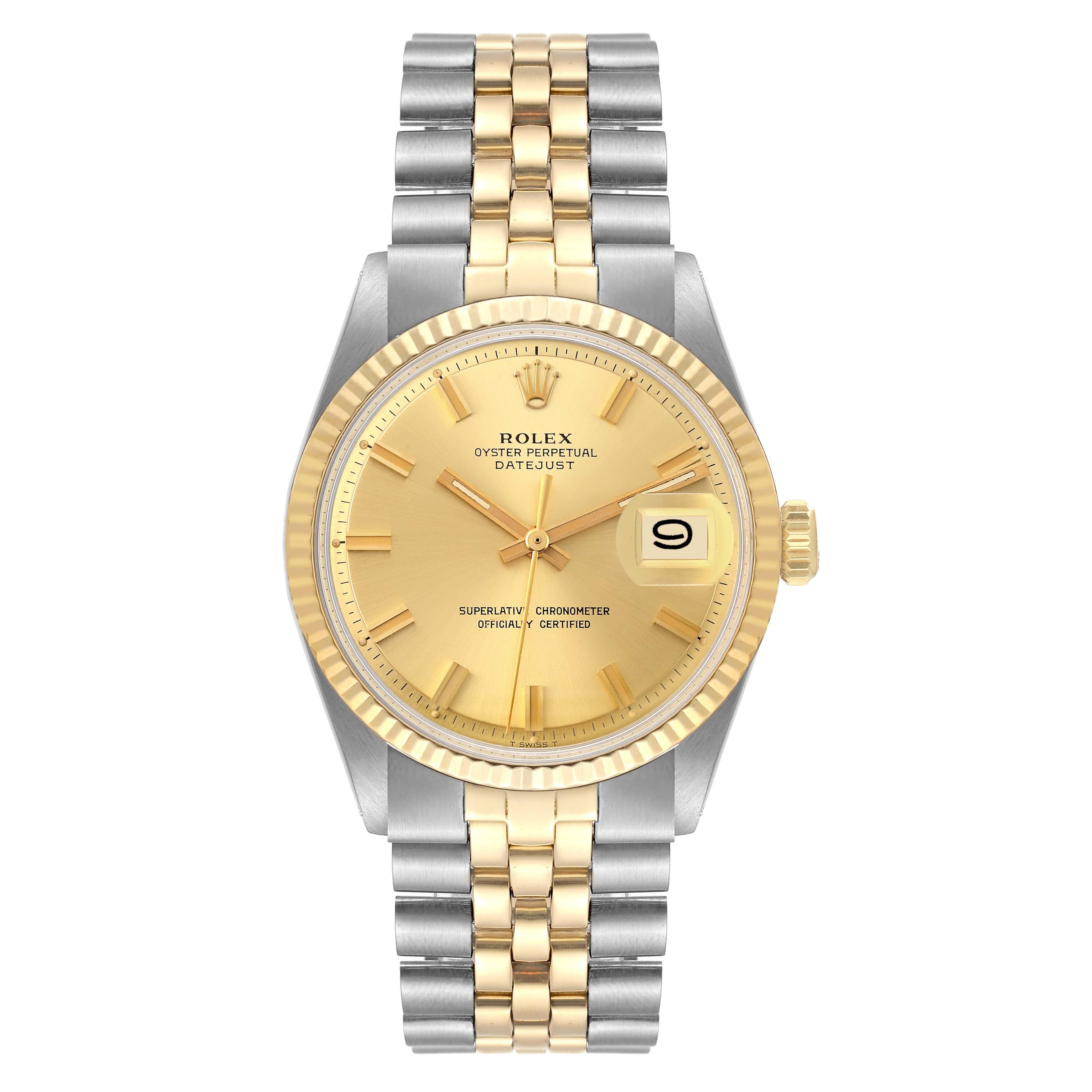 Rolex Datejust Steel Yellow Gold Champagne Dial Vintage Mens Watch 1601. Officially certified chronometer automatic self-winding movement. Stainless steel case 36 mm in diameter. Rolex logo on a crown. Yellow gold fluted bezel. Acrylic crystal with