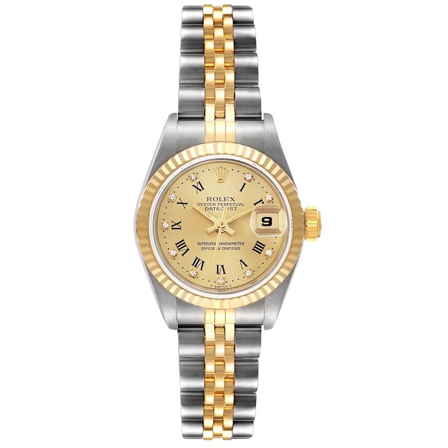 Rolex Datejust Steel Yellow Gold Champagne Diamond Dial Ladies Watch 69173. Officially certified chronometer automatic self-winding movement. Stainless steel oyster case 26.0 mm in diameter. Rolex logo on the crown. 18k yellow gold fluted bezel.