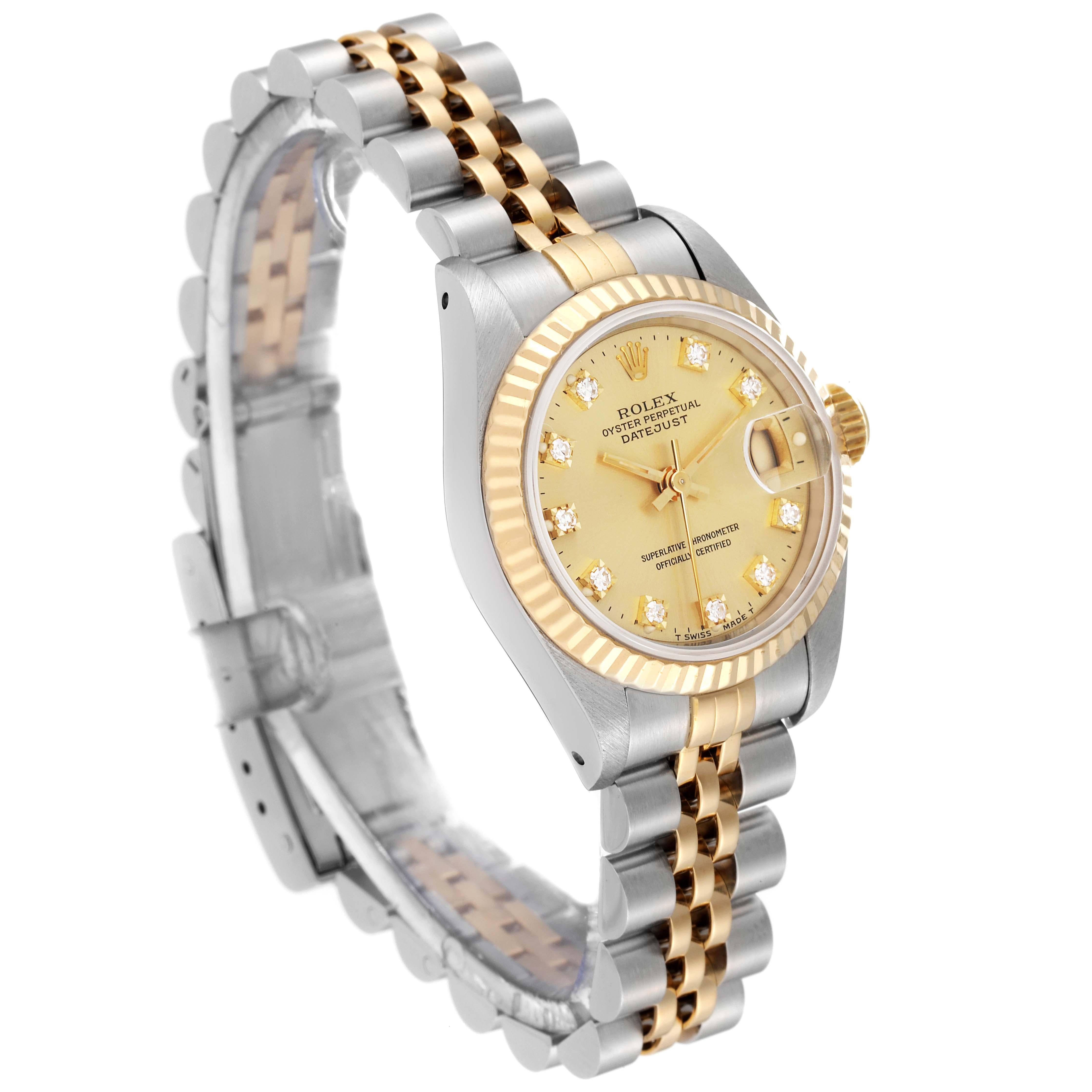 Rolex Datejust Steel Yellow Gold Champagne Diamond Dial Ladies Watch 69173 In Excellent Condition In Atlanta, GA