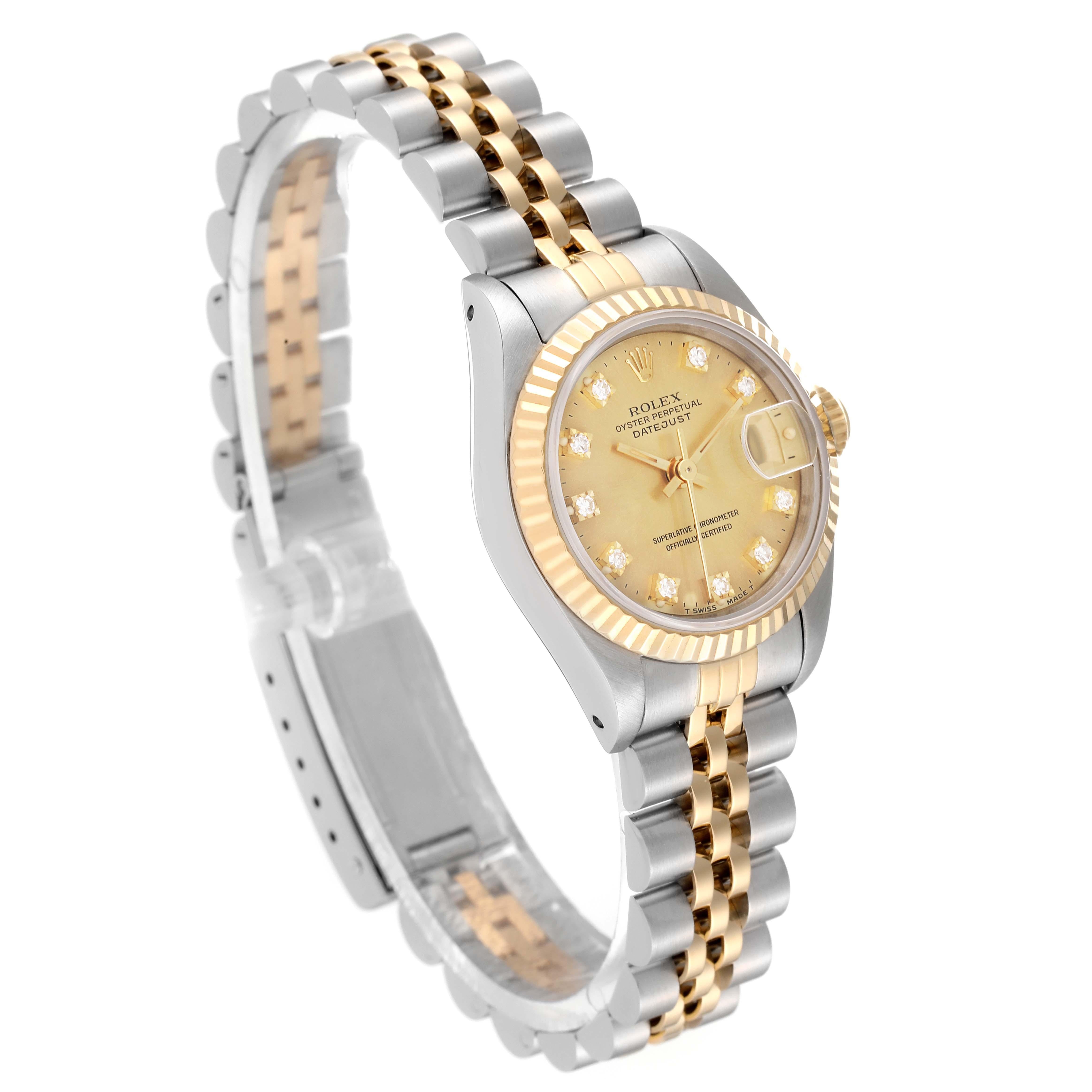 Rolex Datejust Steel Yellow Gold Champagne Diamond Dial Ladies Watch 69173 In Good Condition In Atlanta, GA