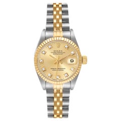 Rolex Datejust Steel Yellow Gold Champagne Diamond Dial Ladies Watch 69173