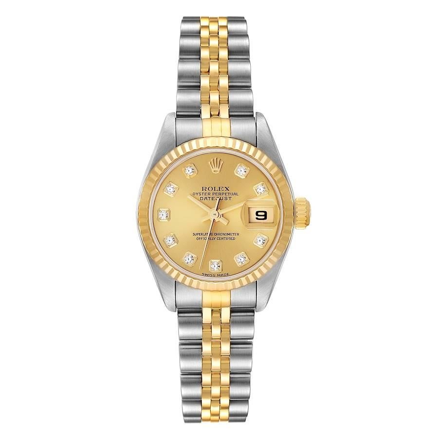 Rolex Datejust Steel Yellow Gold Champagne Diamond Dial Ladies Watch 79173. Officially certified chronometer automatic self-winding movement. Stainless steel oyster case 26 mm in diameter. Rolex logo on an 18K yellow gold crown. 18k yellow gold