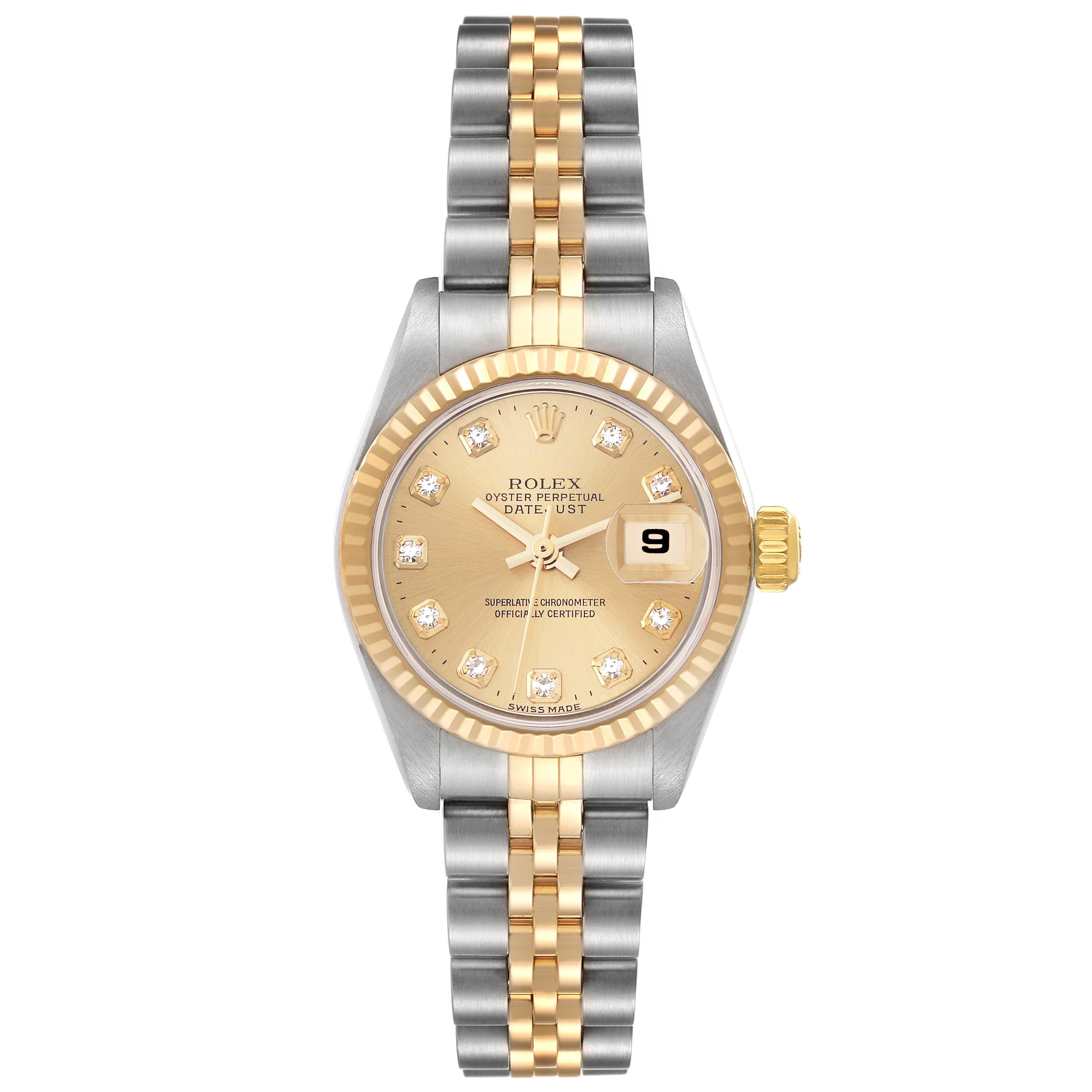 Rolex Datejust Steel Yellow Gold Champagne Diamond Dial Ladies Watch 79173. Officially certified chronometer automatic self-winding movement. Stainless steel oyster case 26.0 mm in diameter. Rolex logo on an 18K yellow gold crown. 18k yellow gold