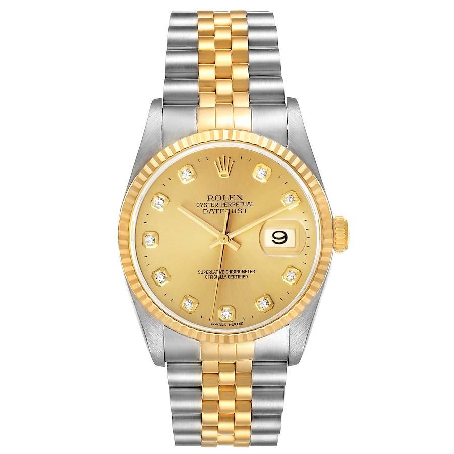 Rolex Datejust Steel Yellow Gold Champagne Diamond Dial Mens Watch 16233. Officially certified chronometer automatic self-winding movement. Stainless steel case 36.0 mm in diameter. Rolex logo on a crown. 18k yellow gold fluted bezel. Scratch