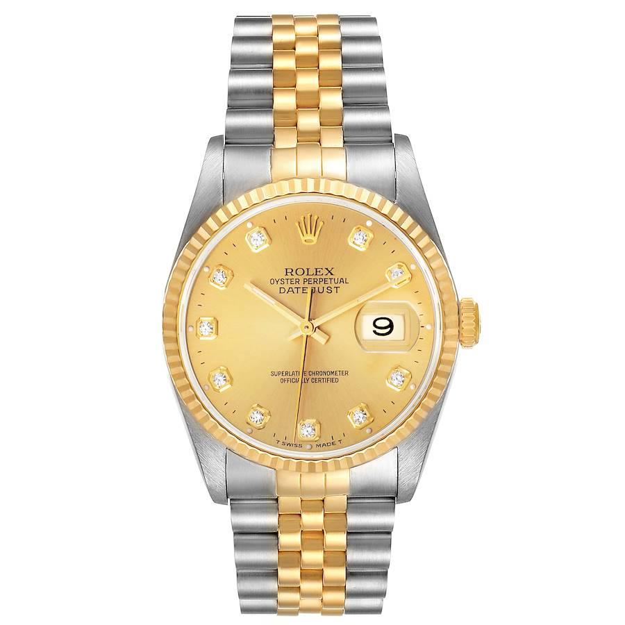 Rolex Datejust Steel Yellow Gold Champagne Diamond Dial Mens Watch 16233. Officially certified chronometer automatic self-winding movement. Stainless steel case 36.0 mm in diameter. Rolex logo on a crown. 18k yellow gold fluted bezel. Scratch