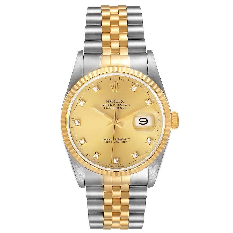 Rolex Datejust Stahl Gelbgold Champagner Diamant-Zifferblatt Herrenuhr 16233. Offiziell zertifiziertes Chronometerwerk mit automatischem Aufzug. Gehäuse aus Edelstahl mit einem Durchmesser von 36.0 mm. Rolex Logo auf einer Krone. Geriffelte Lünette