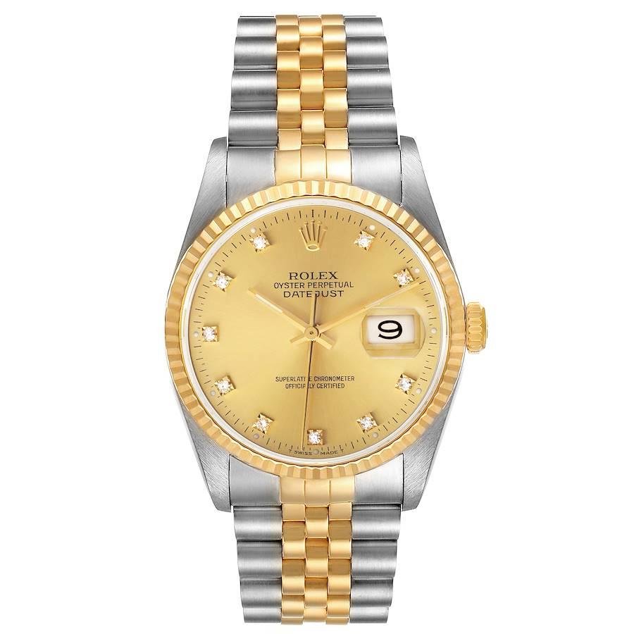 Rolex Datejust Steel Yellow Gold Champagne Diamond Dial Mens Watch 16233. Officially certified chronometer automatic self-winding movement. Stainless steel case 36.0 mm in diameter. Rolex logo on a crown. 18k yellow gold fluted bezel. Scratch