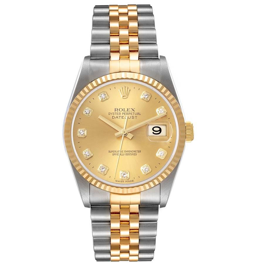 Rolex Datejust Steel Yellow Gold Champagne Diamond Dial Mens Watch 16233. Officially certified chronometer automatic self-winding movement. Stainless steel case 36 mm in diameter. Rolex logo on an 18K yellow gold crown. 18k yellow gold fluted bezel.
