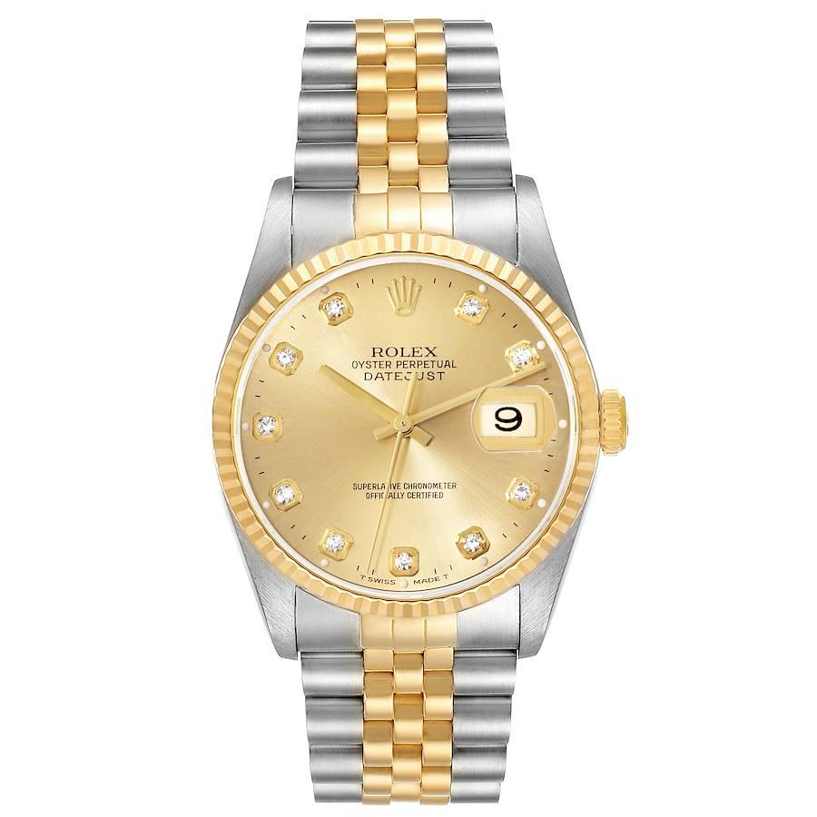 Rolex Datejust Steel Yellow Gold Champagne Diamond Dial Mens Watch 16233. Officially certified chronometer automatic self-winding movement. Stainless steel case 36 mm in diameter.  Rolex logo on an 18K yellow gold crown. 18k yellow gold fluted