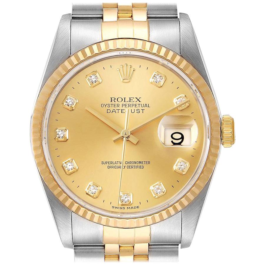 Rolex Datejust Steel Yellow Gold Champagne Diamond Dial Men's Watch 16233 For Sale