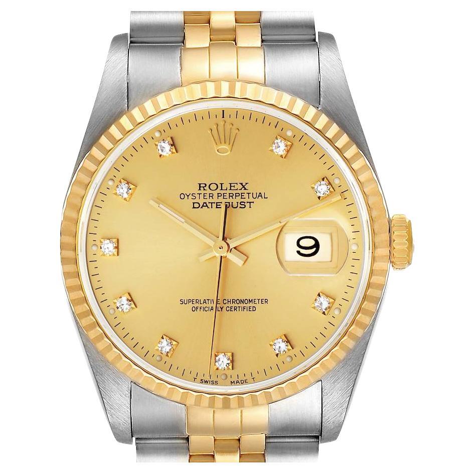 Rolex Datejust Steel Yellow Gold Champagne Diamond Dial Mens Watch