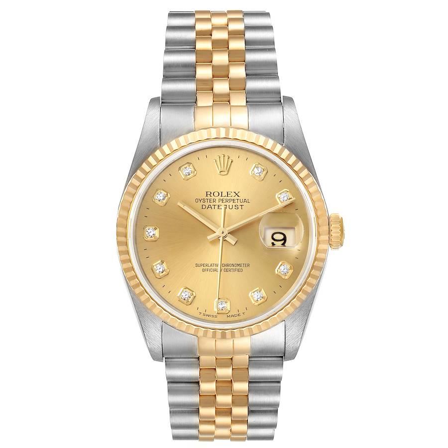 Rolex Datejust Steel Yellow Gold Champagne Diamond Dial Watch 16233. Officially certified chronometer automatic self-winding movement. Stainless steel case 36.0 mm in diameter. Rolex logo on a crown. 18k yellow gold fluted bezel. Scratch resistant