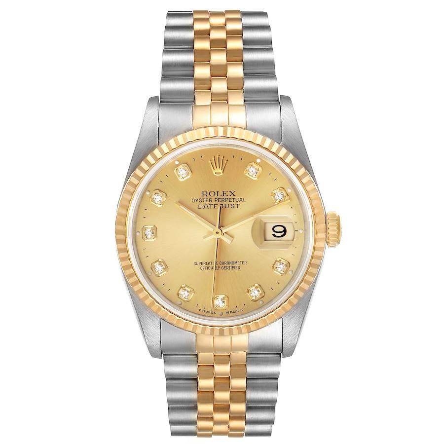 Rolex Datejust Steel Yellow Gold Champagne Diamond Dial Watch 16233. Officially certified chronometer automatic self-winding movement. Stainless steel case 36.0 mm in diameter. Rolex logo on a crown. 18k yellow gold fluted bezel. Scratch resistant