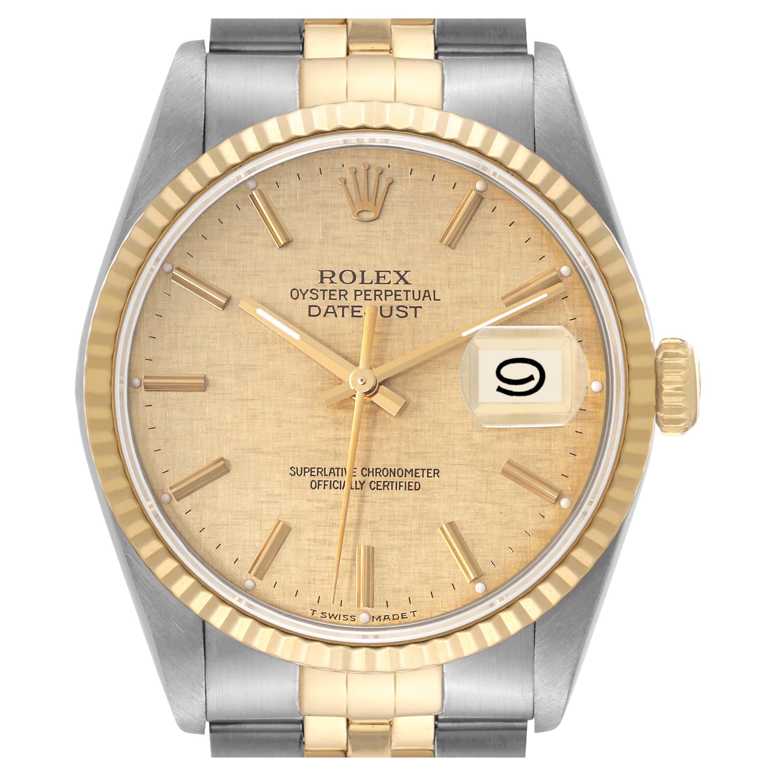 Rolex Datejust Steel Yellow Gold Champagne Linen Dial Mens Watch 16233 For Sale