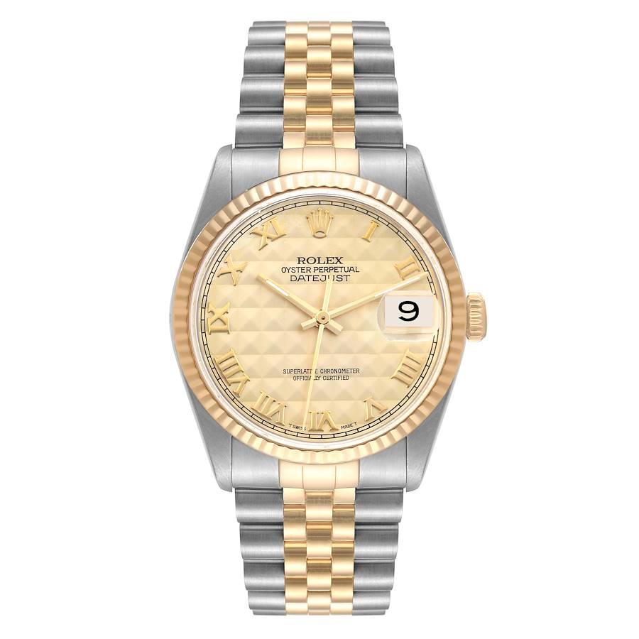 Rolex Datejust Steel Yellow Gold Champagne Pyramid Dial Mens Watch 16233. Officially certified chronometer automatic self-winding movement. Stainless steel case 36 mm in diameter.  Rolex logo on an 18K yellow gold crown. 18k yellow gold fluted