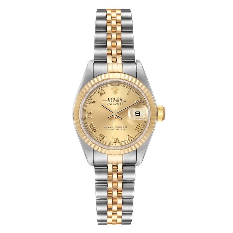 Rolex Datejust Steel Yellow Gold Champagne Roman Dial Ladies Watch 69173. Officially certified chronometer self-winding movement. Stainless steel oyster case 26 mm in diameter. Rolex logo on a crown. 18k yellow gold fluted bezel. Scratch resistant