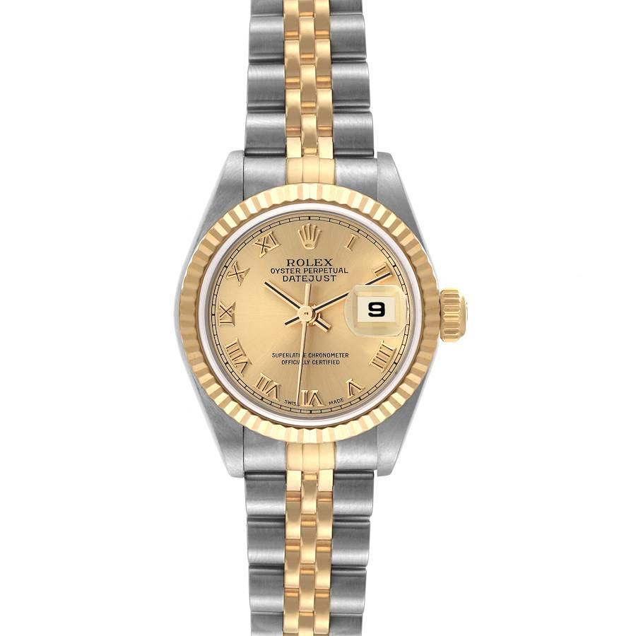 Rolex Datejust Steel Yellow Gold Champagne Roman Dial Ladies Watch 79173. Officially certified chronometer automatic self-winding movement. Stainless steel oyster case 26 mm in diameter. Rolex logo on an 18K yellow gold crown. 18k yellow gold fluted