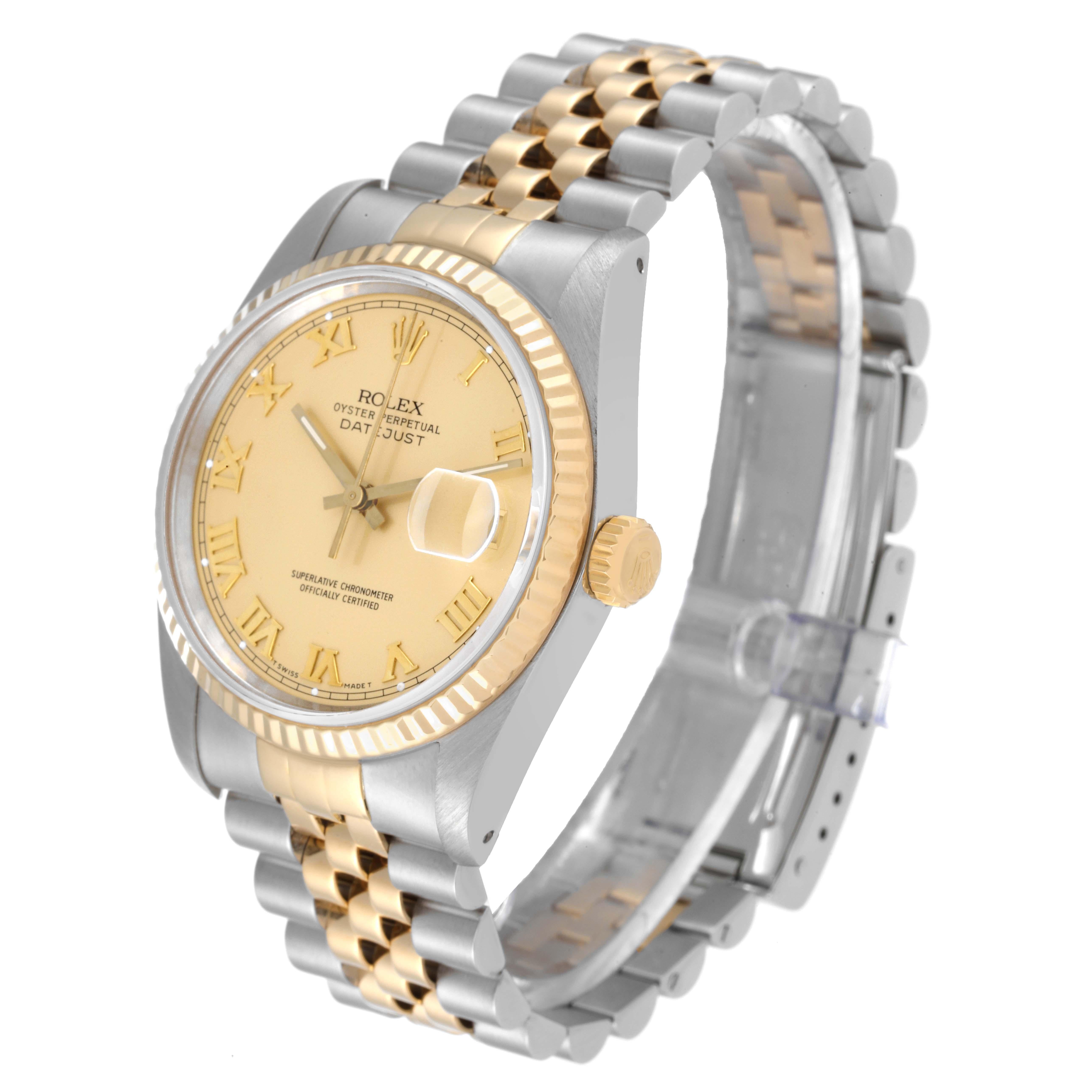 Rolex Datejust Steel Yellow Gold Champagne Roman Dial Mens Watch 16233 In Excellent Condition For Sale In Atlanta, GA