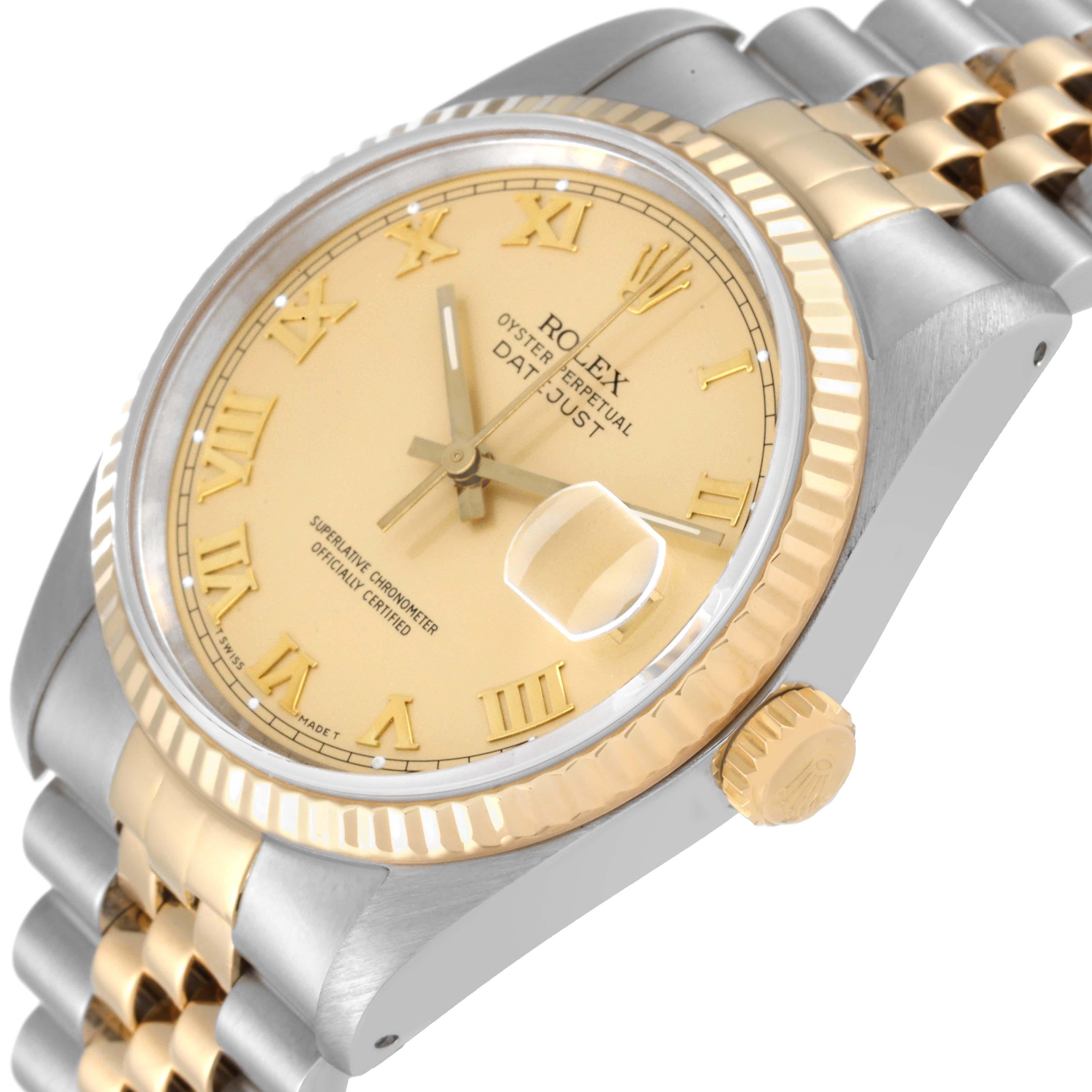 Rolex Datejust Steel Yellow Gold Champagne Roman Dial Mens Watch 16233 In Excellent Condition For Sale In Atlanta, GA