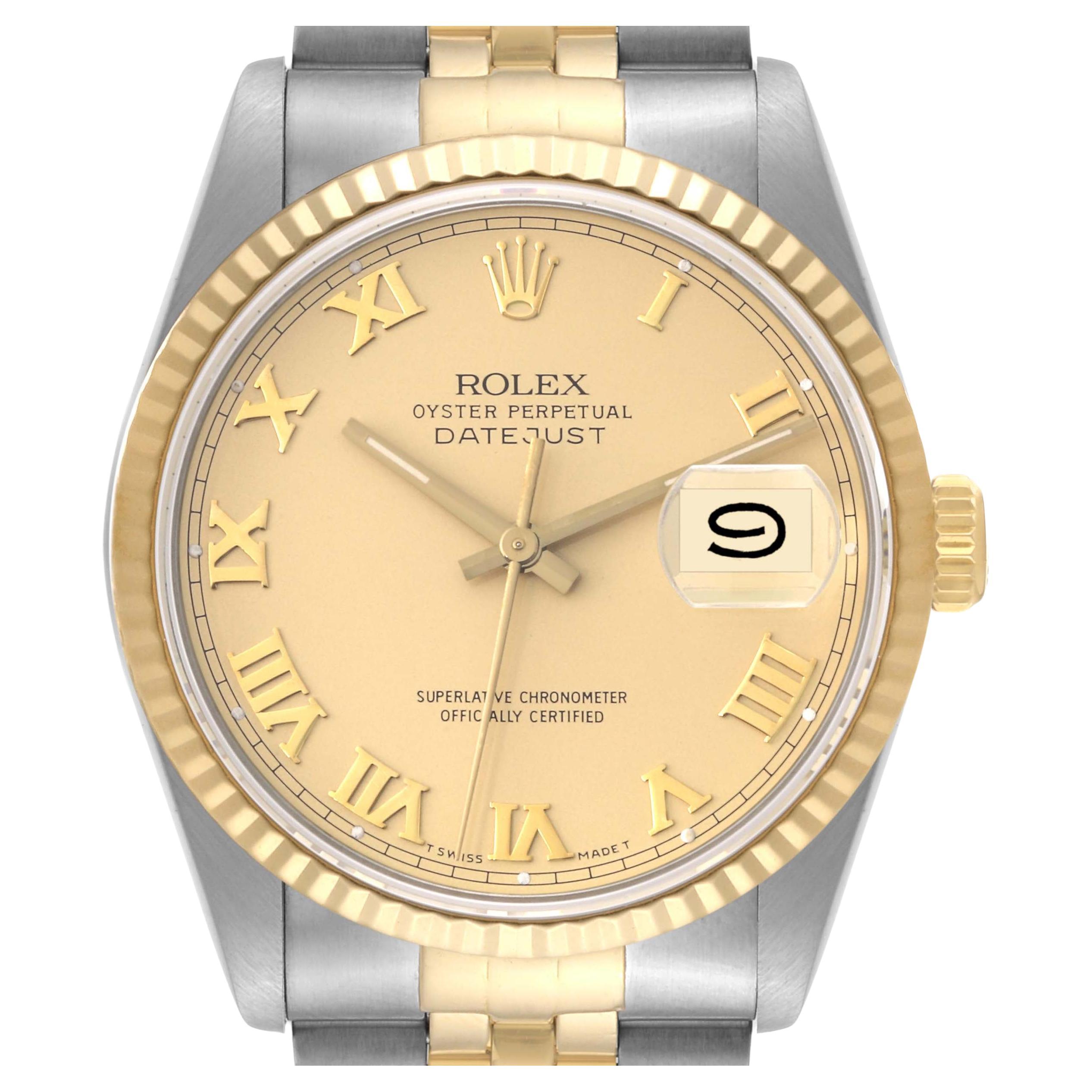 Rolex Datejust Steel Yellow Gold Champagne Roman Dial Mens Watch 16233