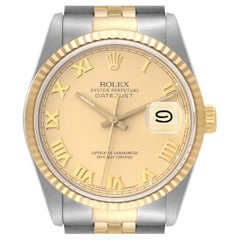 Vintage Rolex Datejust Steel Yellow Gold Champagne Roman Dial Mens Watch 16233