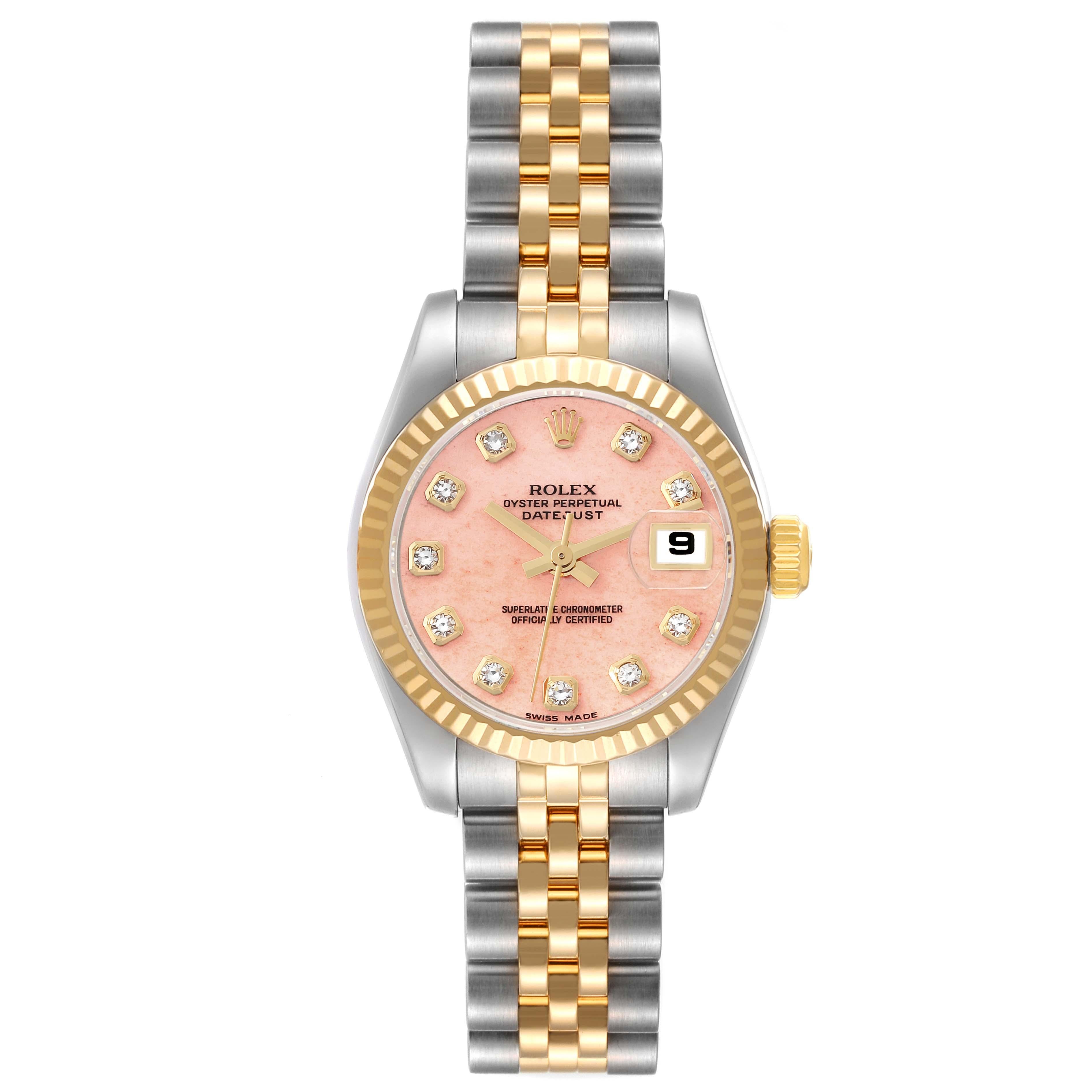 Rolex Datejust Steel Yellow Gold Coral Diamond Dial Ladies Watch 179173. Officially certified chronometer self-winding movement. Stainless steel oyster case 26 mm in diameter. Rolex logo on a 18K yellow gold crown. 18k yellow gold fluted bezel.