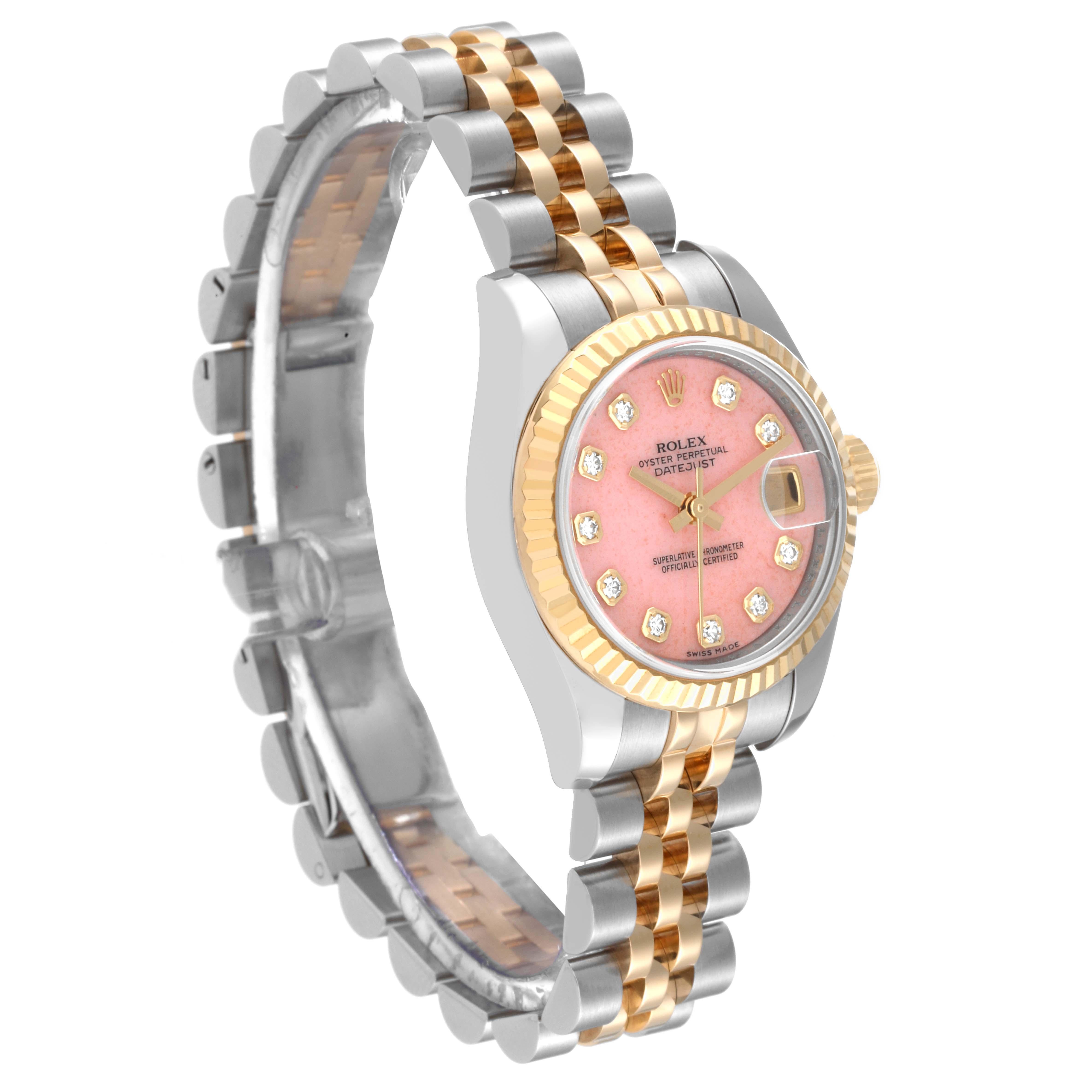 Rolex Datejust Steel Yellow Gold Coral Diamond Dial Ladies Watch 179173 In Excellent Condition For Sale In Atlanta, GA