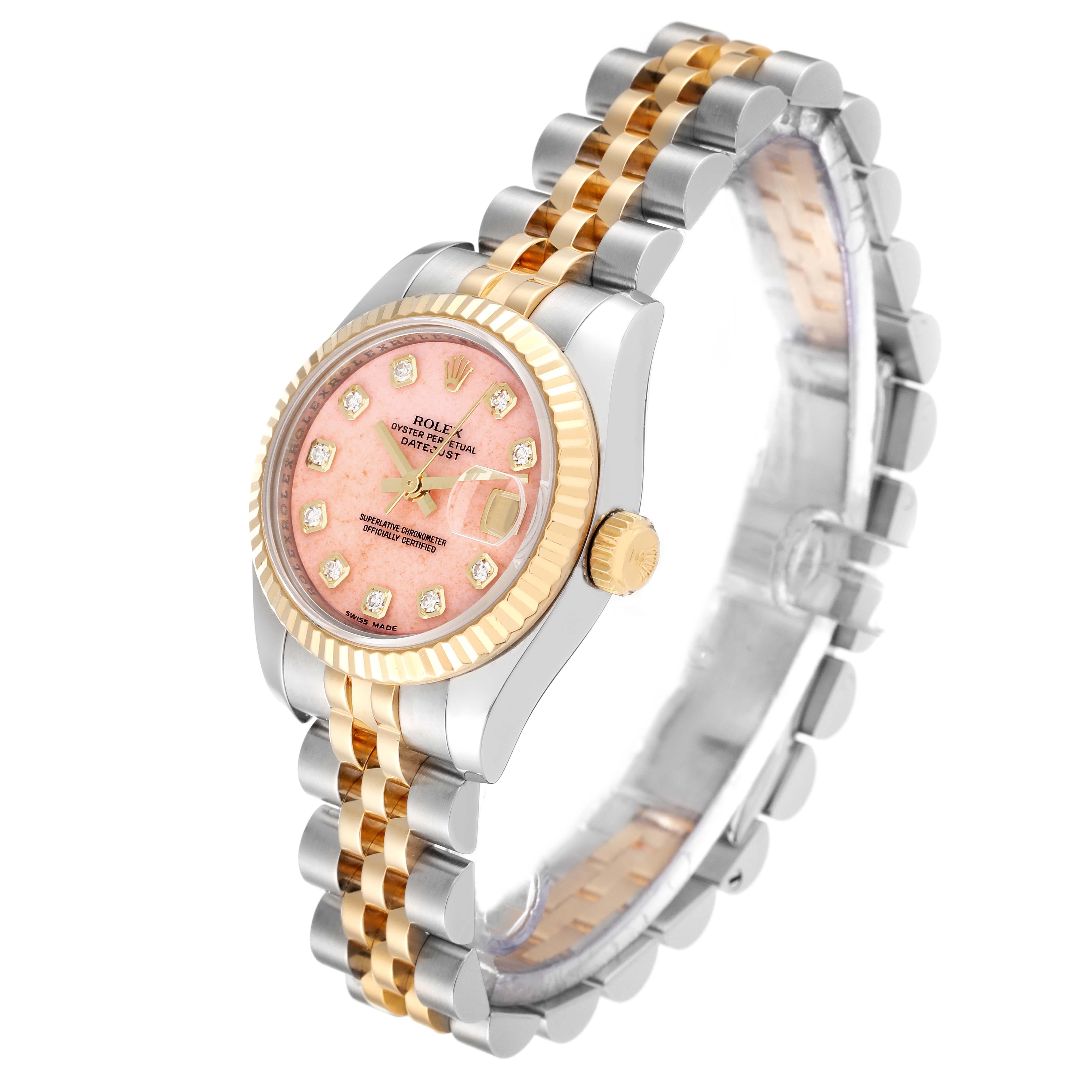 Rolex Datejust Steel Yellow Gold Coral Diamond Dial Ladies Watch 179173 In Excellent Condition In Atlanta, GA