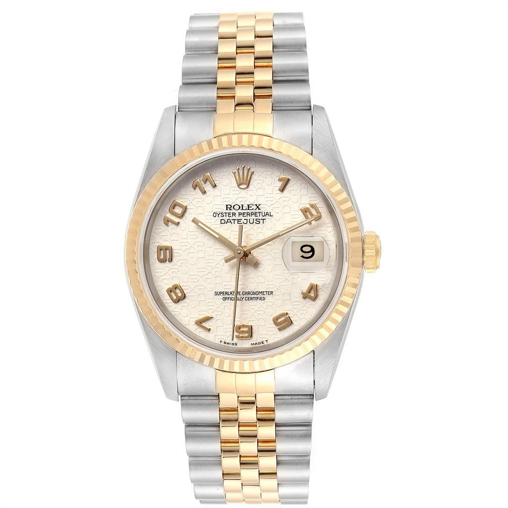 Rolex Datejust Steel Yellow Gold Dial Mens Watch 16233 Box Papers. Officially certified chronometer self-winding movement. Stainless steel case 36 mm in diameter. Rolex logo on a 18K yellow gold crown. 18k yellow gold fluted bezel. Scratch resistant