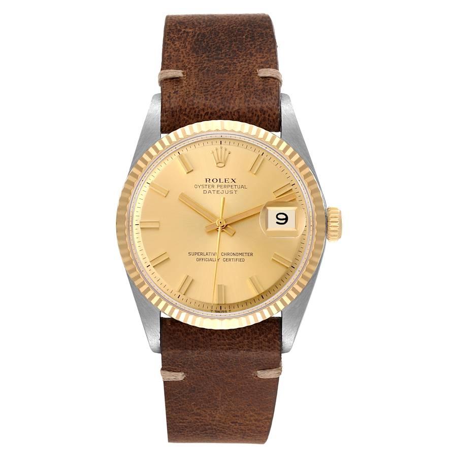 Rolex Datejust Steel Yellow Gold Dial Vintage Mens Watch 1601. Officially certified chronometer automatic self-winding movement. Stainless steel case 36 mm in diameter. Rolex logo on a crown. Yellow gold fluted bezel. Acrylic crystal with cyclops