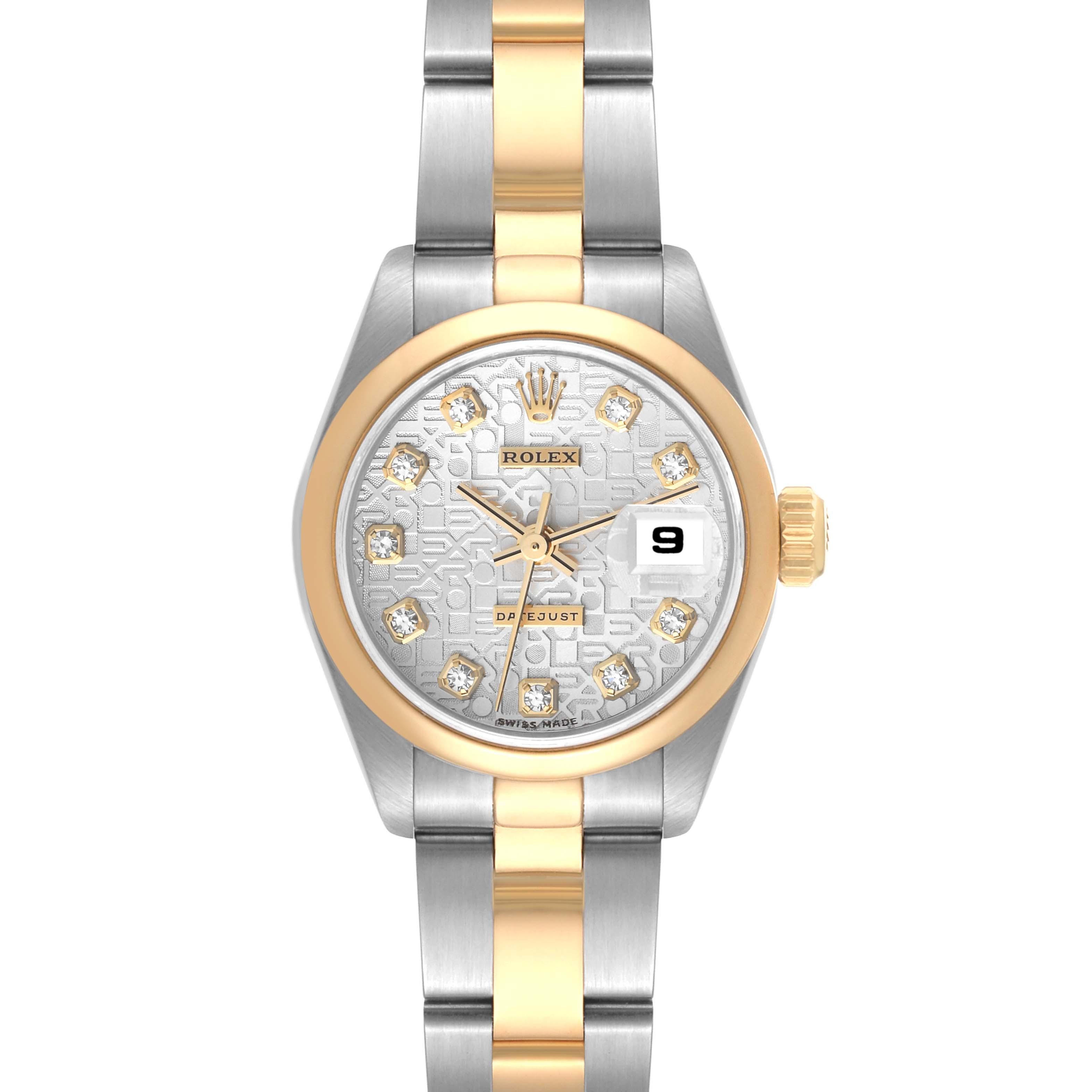 Rolex Datejust Steel Yellow Gold Diamond Anniversary Dial Ladies Watch 69163. Officially certified chronometer self-winding movement. Stainless steel oyster case 26 mm in diameter. Rolex logo on a 18K yellow gold crown. 18k yellow gold smooth domed